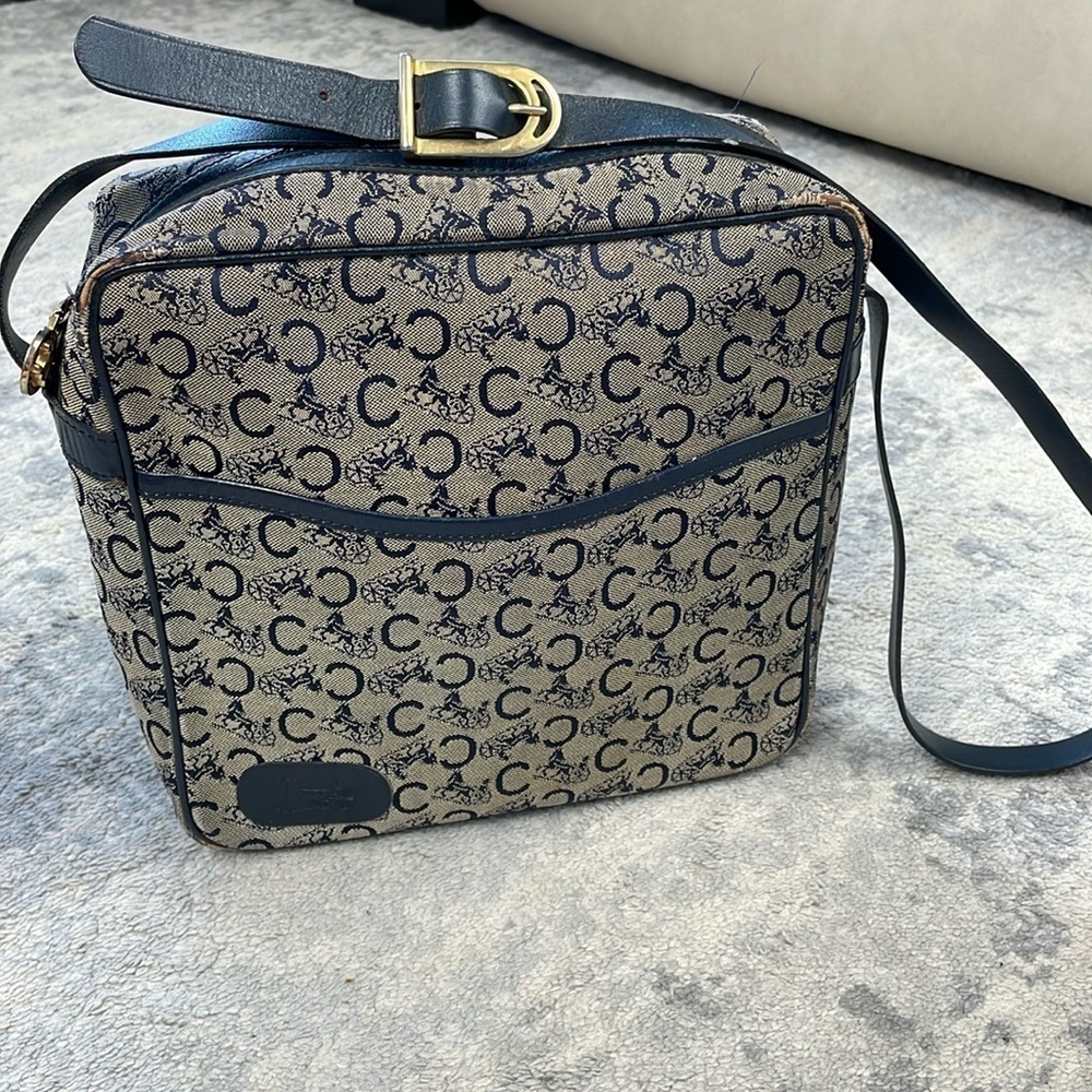 Vintage Celine Macadam C Horse Carriage Crossbody Shoulder Bag Gray Navy